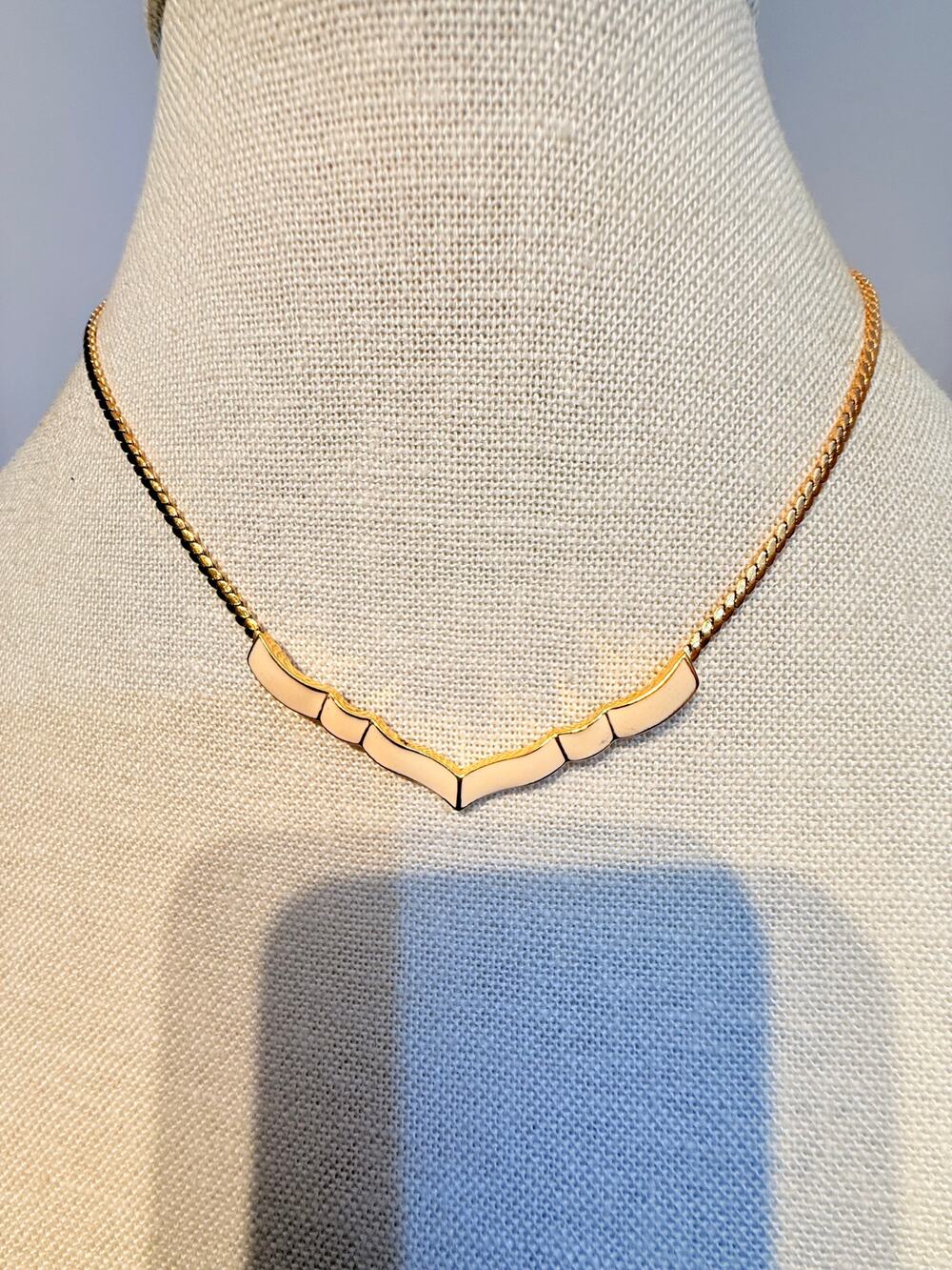 Vintage Monet 16” Gold Tone Cream Enamel Chevron Necklace